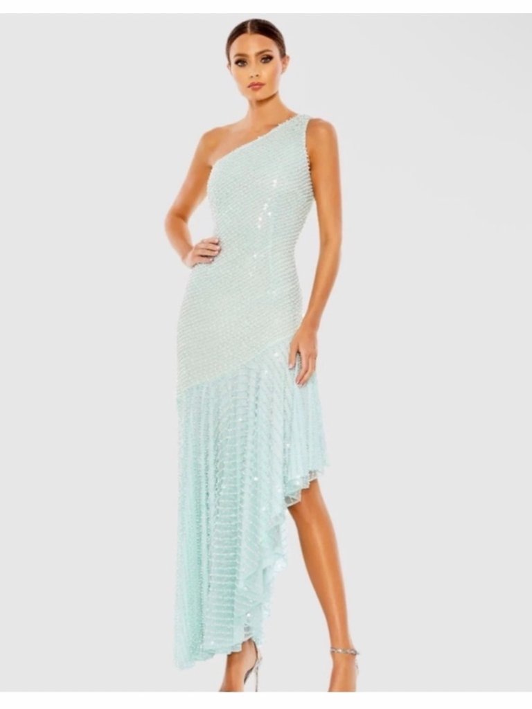 Mac Duggal One-Shoulder High-Low Sequin Dress In Light Aqua
